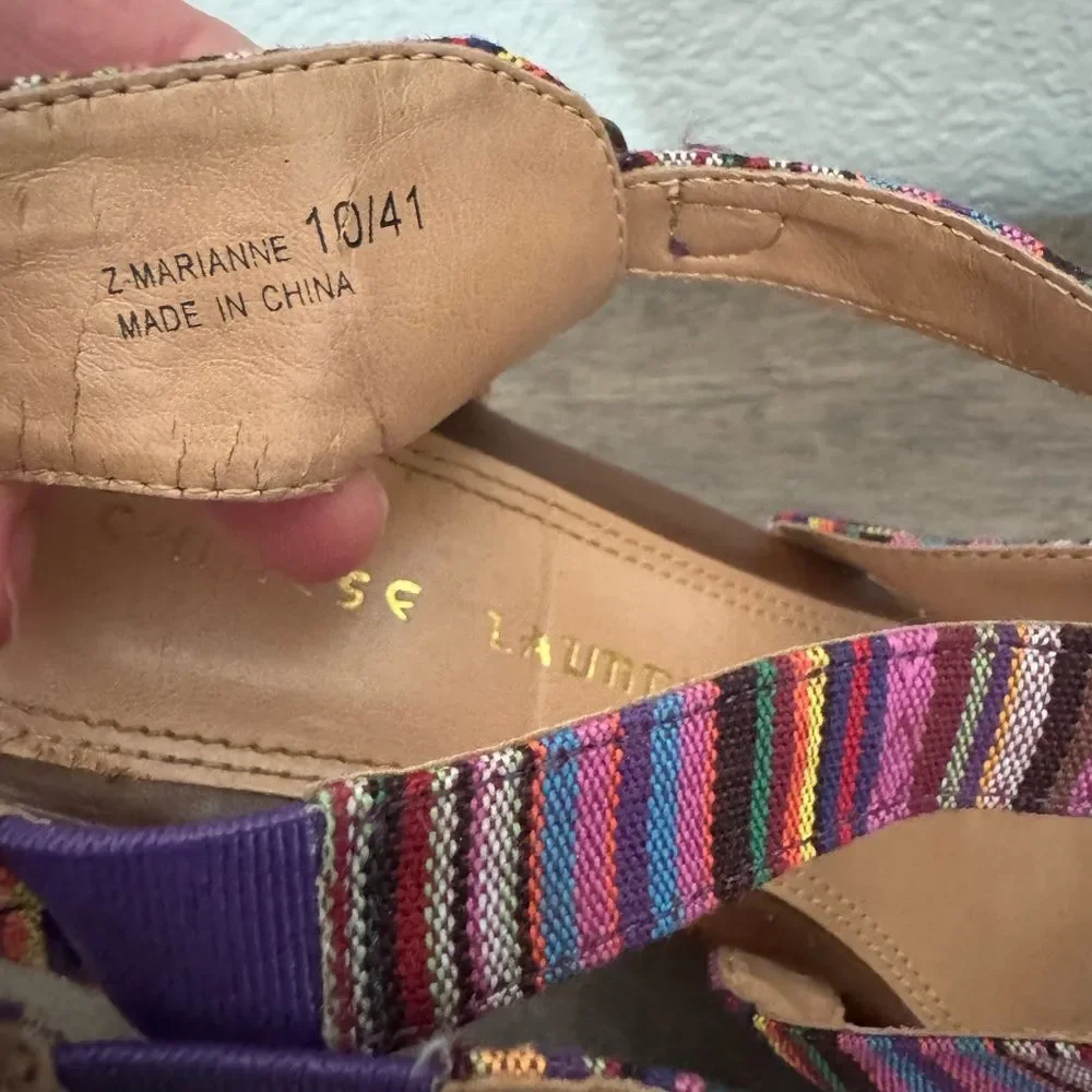 Chinese Laundry Marianne Pink Stripe Boho Multi Cork Wedge Heel Sandals 10